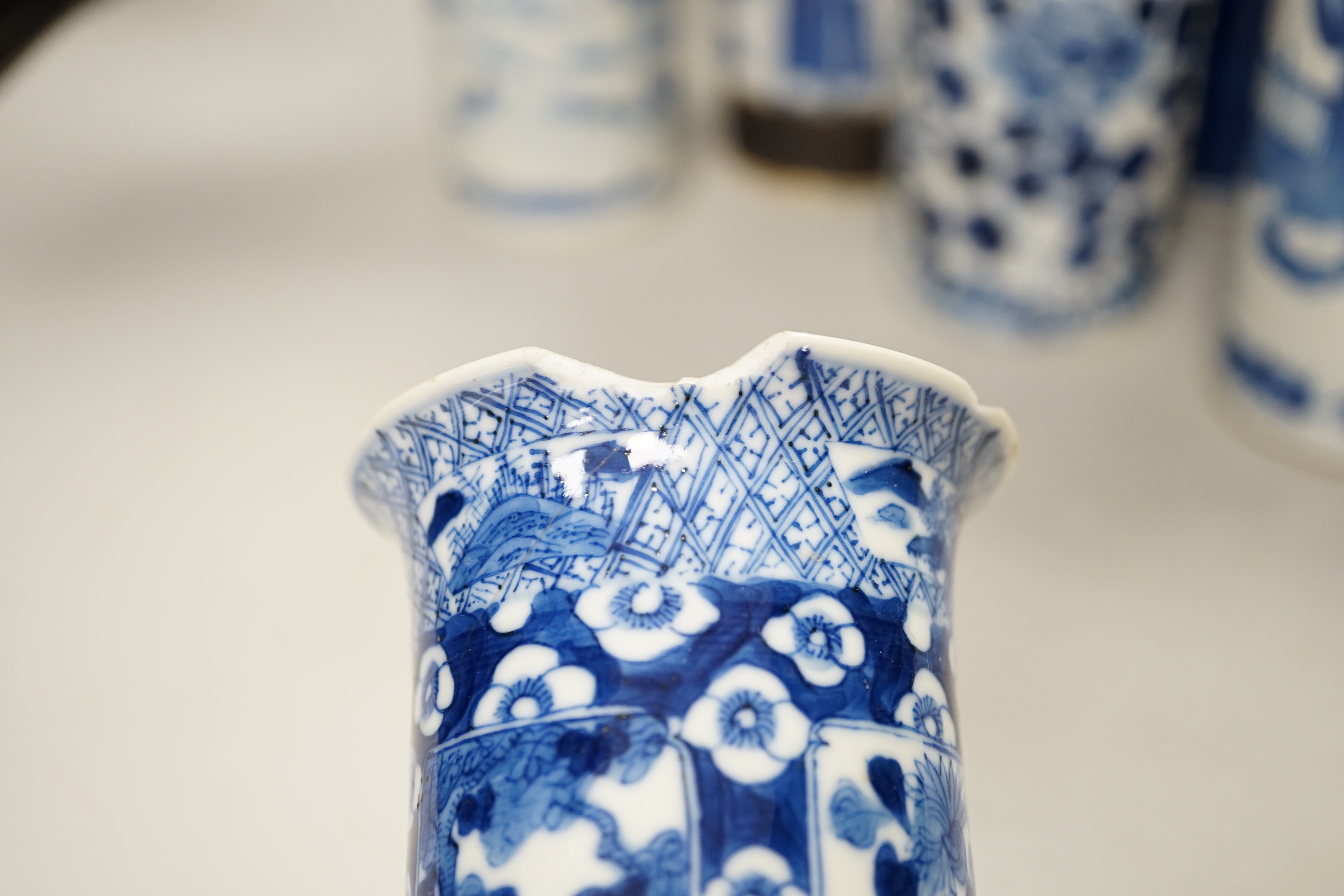 Nine assorted Chinese blue and white cylinder vases, 19th/20th century, tallest 30cm high (a.f.)